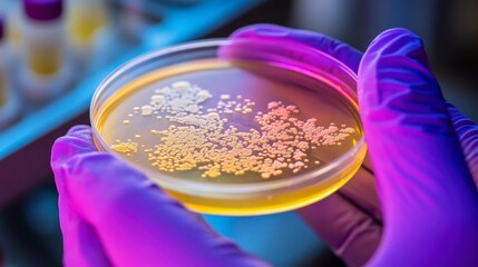 Laboratory experiment closeup science lab petri dish analysis colorful environment microscope view microbial growth observation