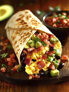 Breakfast Burrito: Scrambled eggs, bacon, black beans, avocado, and salsa