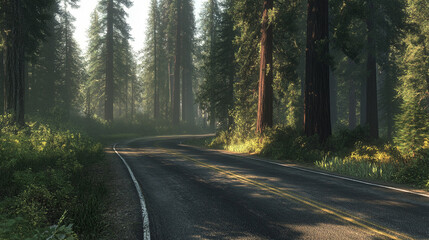 Fototapeta premium Serene Forest Road through Majestic Redwoods
