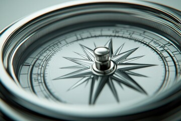 Close up of a silver compass with a star shaped needle pointing the way in a navigational direction for exploration and discovery