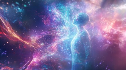 Holographic dna helix intertwining in ethereal space abstract art digital environment cosmic viewpoint