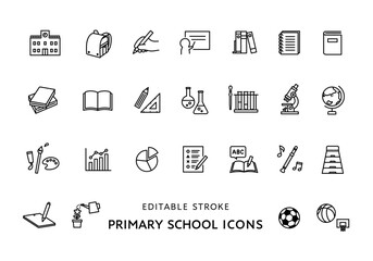 小学校の授業にまつわるアイコンセット（モノクロ）