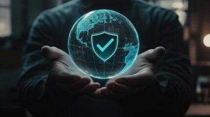 Holding a glowing globe with a security shield symbol at night in a digital environment