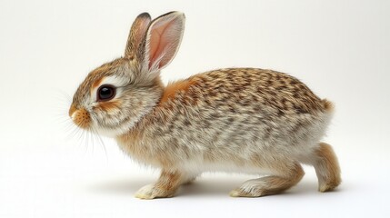 Obraz premium A captivating medium-sized rabbit, with soft brown and white fur, gazes left while tilting its head to the right, adding charm to its serene expression