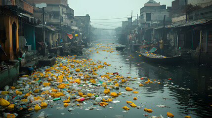 Waterway Pollution in City with Plastic Waste and Debris
