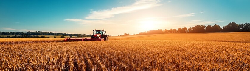 Obraz premium Tractor in Vast Crop Field, Clear Blue Sky Above, Sunlight Reflecting Off Crops, Rural Landscape, Highly Detailed, Bright and Lively Scene