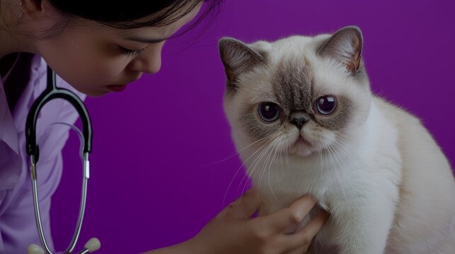 Exotic Shorthair Cat Undergoing General Check Up With Female Doctor On Purple Background