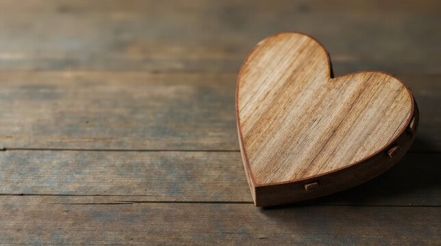 Rustic wooden heart on aged wood surface, a symbol of affection and enduring love