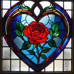 Stained Glass Heart with Red Rose Design