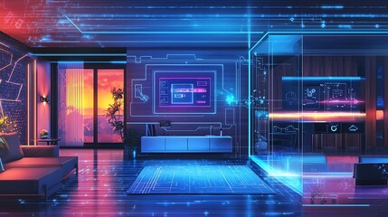 Obraz premium AI-powered smart home concept, futuristic interface controlling lights and temperature