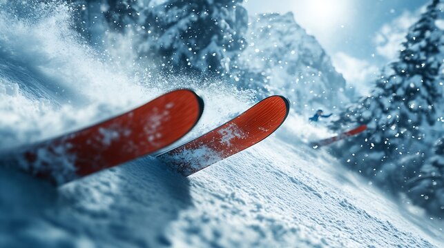 Skier speeds downhill vibrant red skis blur snowy mountain scene. AI Generated
