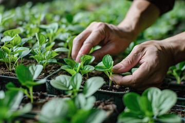 Close-up of hands of worker inspecting delicate seedlings in an organic nursery. Farming in a natural environment. Botanical beauty. professional care and craftsmanship.