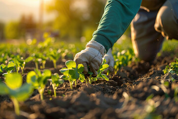 Naklejka premium Hands wearing gardening gloves tenderly tending young plants. gardening. Vibrant green leaves contrast with fertile soil. Perfect representation of eco-friendly gardening and cultivation.