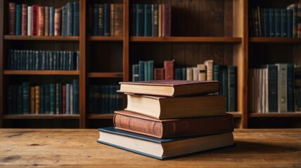 Fototapeta premium A simple and modern display podium set in a warm and cozy library. Soft lighting, wooden shelves, and a peaceful atmosphere create a stylish and elegant scene.
