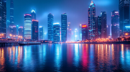 Fototapeta premium Nighttime Skyline Reflection of Futuristic Shanghai Cityscape