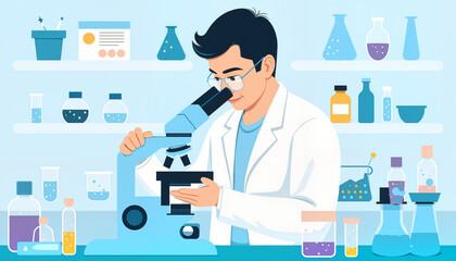Focused scientist examining samples with microscope in lab, scientific research
