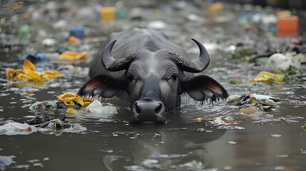 Fototapeta premium Water Buffalo Emerging From Polluted Water with Plastic Waste and Garbage