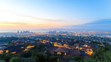 Obraz premium Elevated View Of City Buildings And Residential Houses With Glowing Lights Under Sunset Sky
