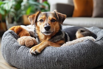 Plush dog bed in a cozy living room corner inviting relaxation and warmth in a tranquil afternoon atmosphere