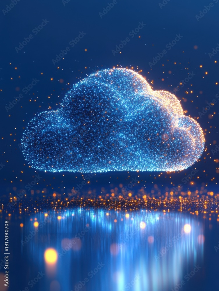 Poster ethereal cloud computing concept with glowing particles digital data flow and abstract reflection on
