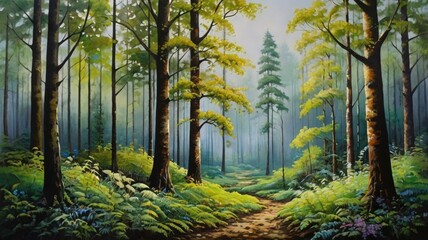 Fototapeta premium A vibrant and lush forest depicted in an impressionistic style, capturing the beauty of nature with rich colors and artistic brushstrokes.