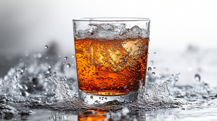 Refreshing drink splashing in a glass on a shiny surface with bubbles rising from the liquid