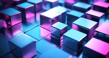 Obraz premium Abstract background with cubes and blocks on a blue neon light, glowing in the dark space