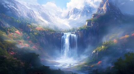 Fototapeta premium Majestic waterfall cascades down vibrant mountain valley bathed in soft sunlight. AI Generated