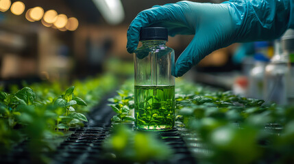 Scientists cultivating plants in test tubes inside a modern laboratory for research on growth and sustainability practices