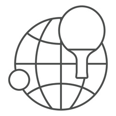 Globe with meridians, tennis racket and ball thin line icon, table tennis concept. Vector graphics. World tournament sign on white background, outline style icon for mobile or web design.