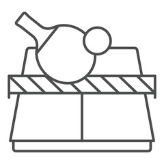 Tennis rackets and table thin line icon, tennis concept. Vector graphics. Table tennis sign on white background, outline style icon for mobile or web design.