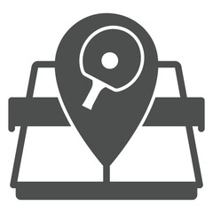 Tennis table with location pin solid icon, tennis game concept. Vector graphics. Tennis racket and map pin sign on white background, glyph style icon for mobile or web design.