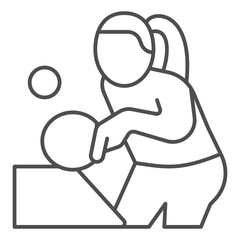 Woman with racket thin line icon, table tennis concept. Vector graphics. Girl shot racket ball desk sign on white background, outline style icon for mobile or web design.