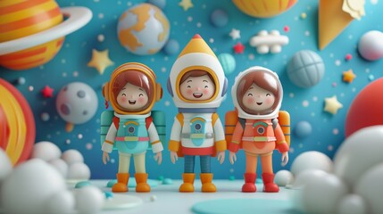 Happy Children in Space Theme for Back to School Illustrations and Education Concepts