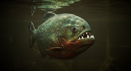 A bloodthirsty piranha swimming in murky water, sharp teeth exposed