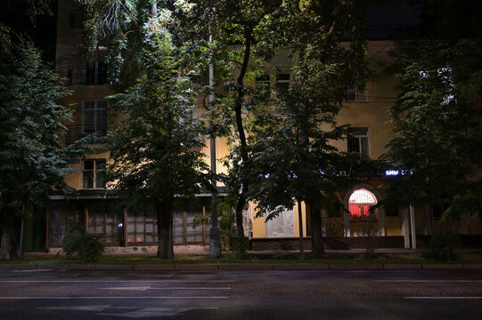 Almaty city evening streets with old buildings. Kabanbay batyr street.