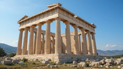 Obraz premium Ancient Greek Temple Ruins Under Bright Blue Sky in Scenic Landscape of Greece