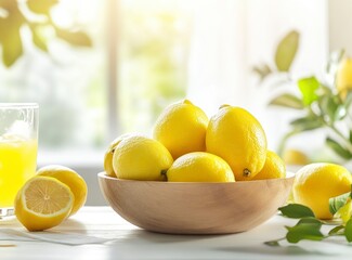 Fresh Lemons in Bowl and Glass of Juice on Bright Table