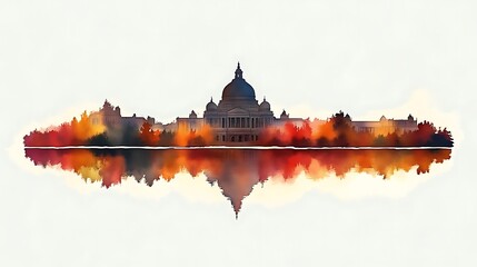 Obraz premium Architectural building with dome in silhouette style reflected on the water colorful foliage