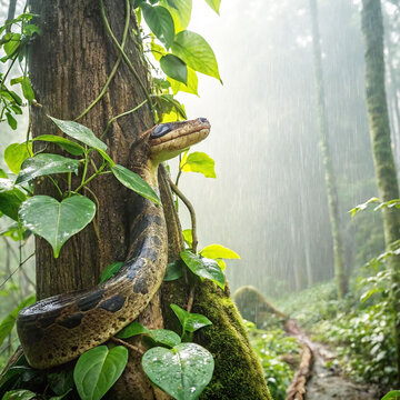 arge python coiled around jungle tree branch.

