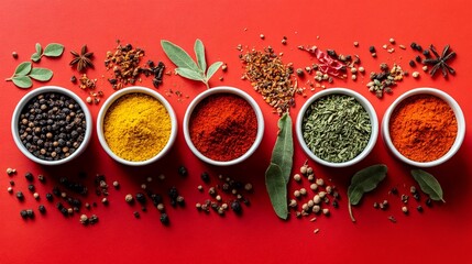 Variedad de especias y hierbas dispuestas sobre un fondo rojo vibrante, mostrando colores y texturas diversificadas.