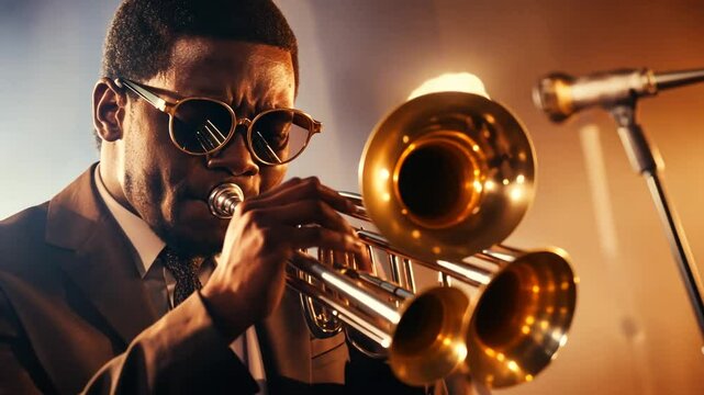 African American jazz musician playing trumpet on stage in dimly lit club