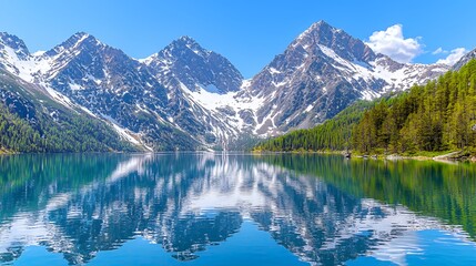 Snowcapped Mountains Reflecting in a Serene Blue Lake