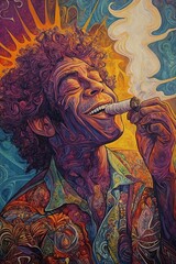 Un hombre sonriente disfruta de un cigarro, rodeado de colores vibrantes que evocan felicidad y libertad.