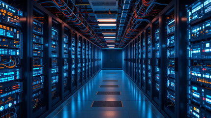 stock photo depicts interior of a server room, with rows of neatly organized servers, colorful cables, and blinking lights creating a futuristic and high-tech atmosphere