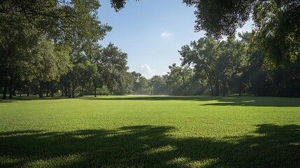 Fototapeta premium Serene green field basks in bright sunlight dappled shadows create peaceful ambiance. AI Generated