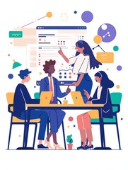 Illustration of a Group of People in Business Attire Discussing a Project