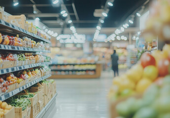 Fototapeta premium A grocery store aisle with fresh produce vegetables and shelves with various products on the right. Two people are walking down the aisle with a shopping cart.