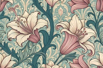Vintage floral seamless pattern with ornate leaf and swirl design