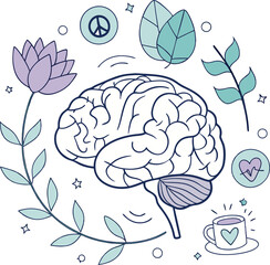 Mental health awareness concept with brain and mindfulness symbols